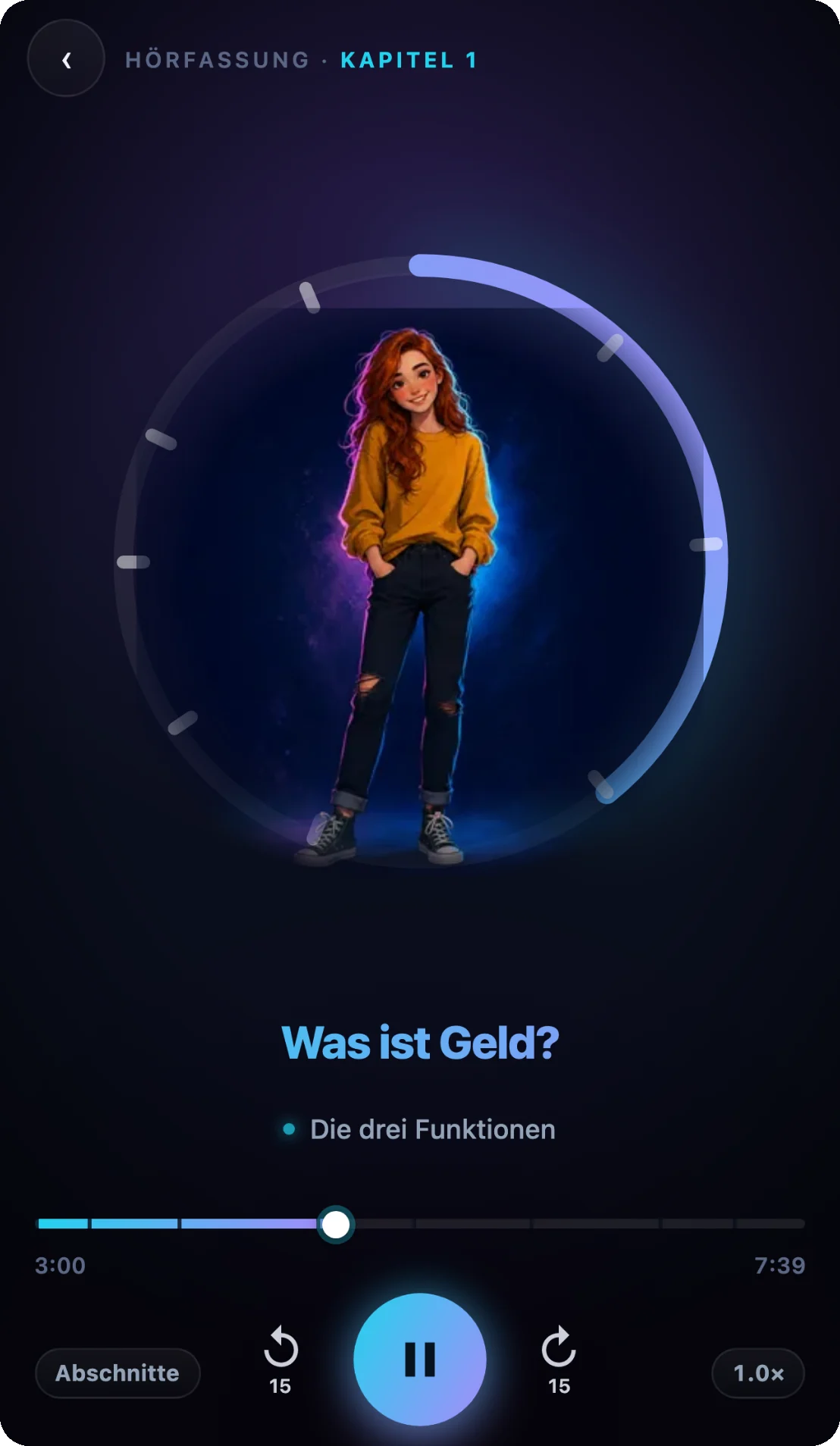 The Novara audio player: the learner's character inside a progress ring marked with the chapter's sections, the chapter title, a scrubber and a play button